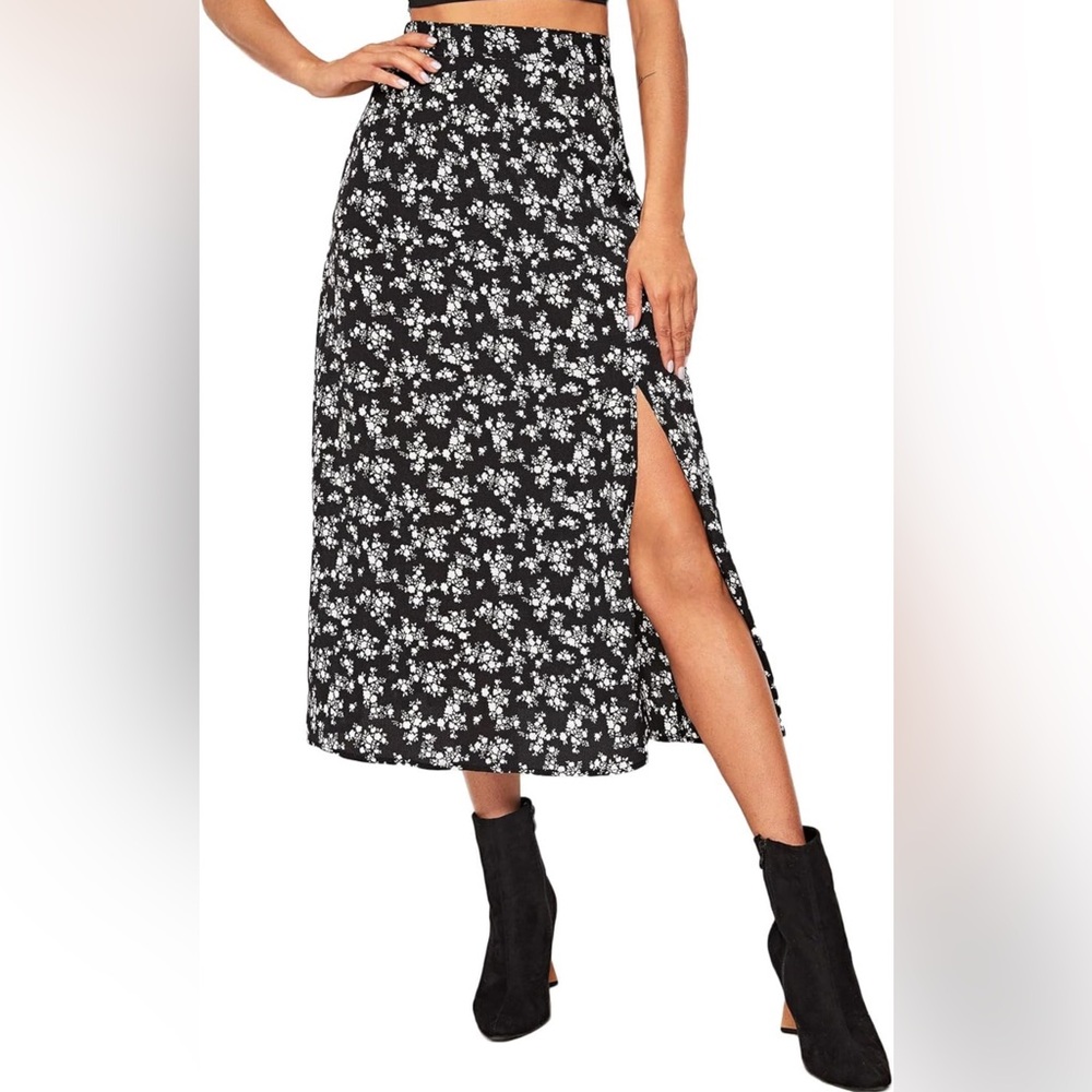 Floerns Women's Boho Floral High Waist Split A Line Midi Skirt